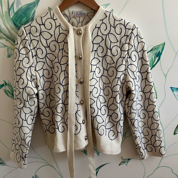 devernois Sweaters - Devernois Ivory Cardigan with Navy Swirl Embroidery